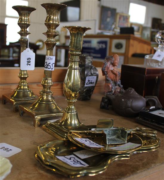 Pair 19th century brass candlesticks, brass candlestick, 19th century pair of brass candle snuffers and tray & 2 small brass strainers